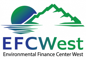 EFC West Logo: Environmental finance center west with sunset, water, mountain graphic in blue and green gradient